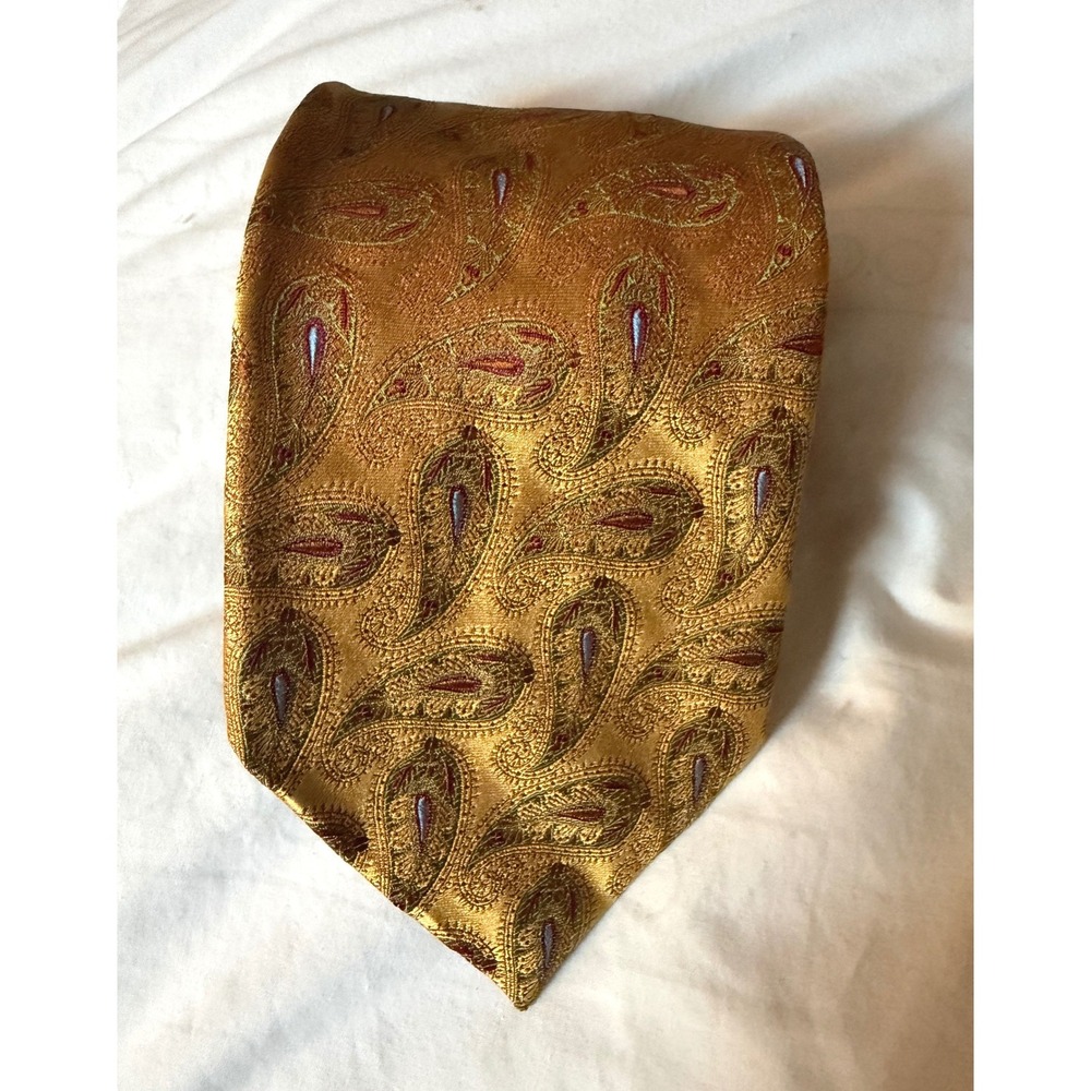 H. Stockton Atlanta Tie Mens OS Gold Excellent Italian Silk Paisley Handmade